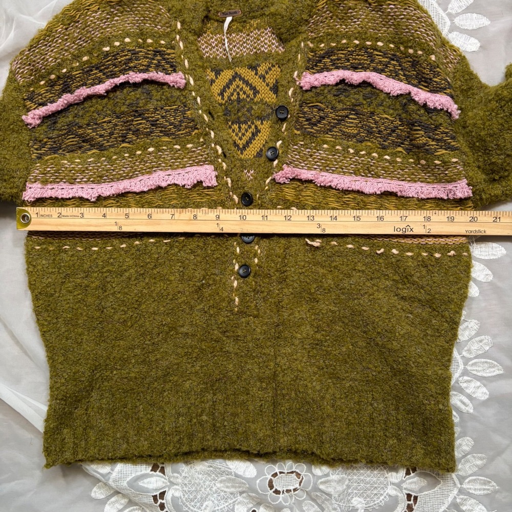 Boho Cottagecore Free People Olive Pink Alpaca Wool Blend Henley Sweater XS - Picture 4 of 8